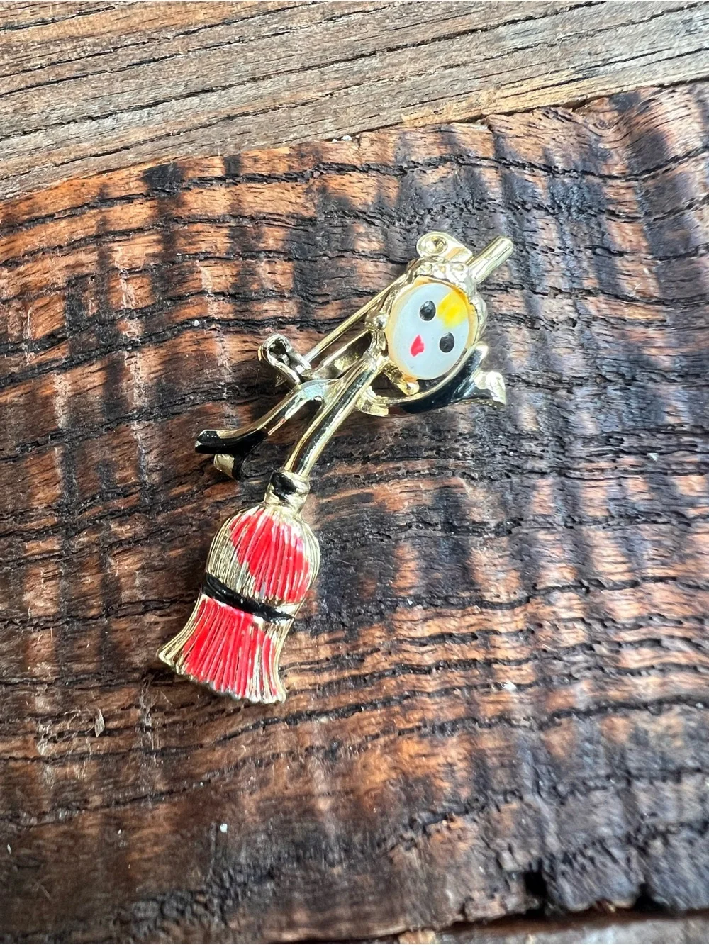 Gold-tone Enamel Witch on Broomstick Brooch - Red & Black Detail